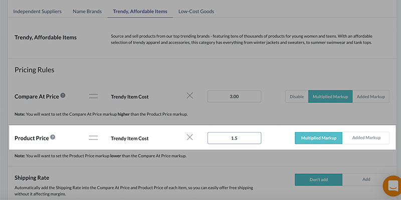 Página de reglas de precios de productos en Modalyst