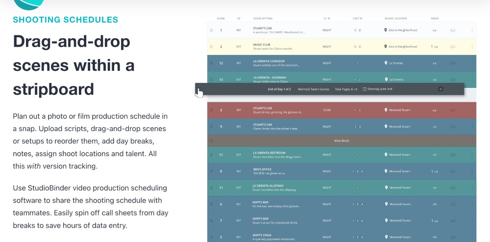 Fonctionnalité des horaires de tournage de Studiobinder