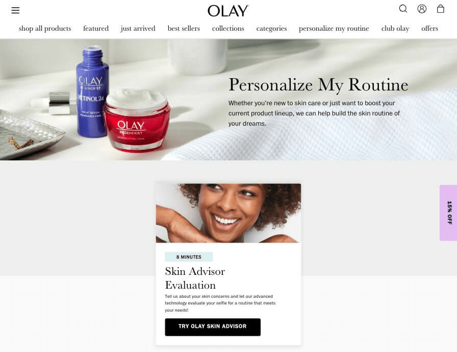 Olay 웹사이트의 스킨 어드바이저 평가 퀴즈