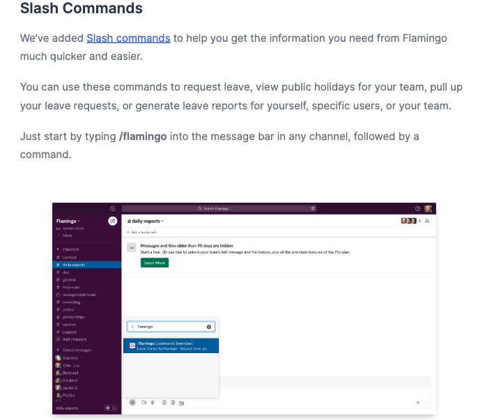 사용자에게 Slack에서 Flamingo 슬래시 명령을 사용하는 방법을 가르치는 지침의 스크린샷