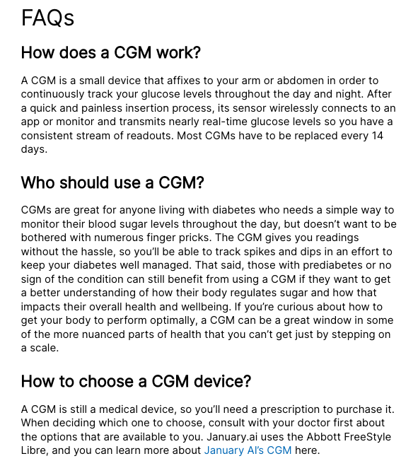 CGM 가이드의 FAQ 섹션을 보여주는 1월 웹사이트의 스크린샷