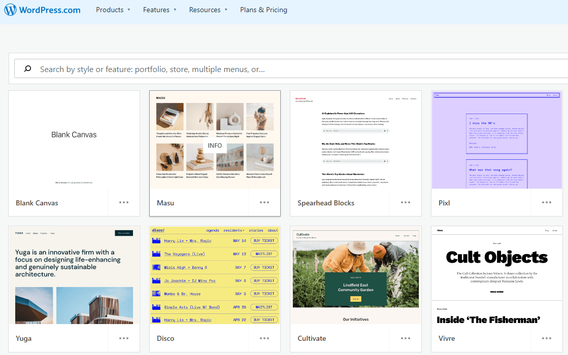 Captură de ecran care arată alegerea șabloanelor disponibile pe WordPress