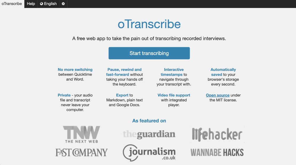 oTransscribe service de transcription gratuit