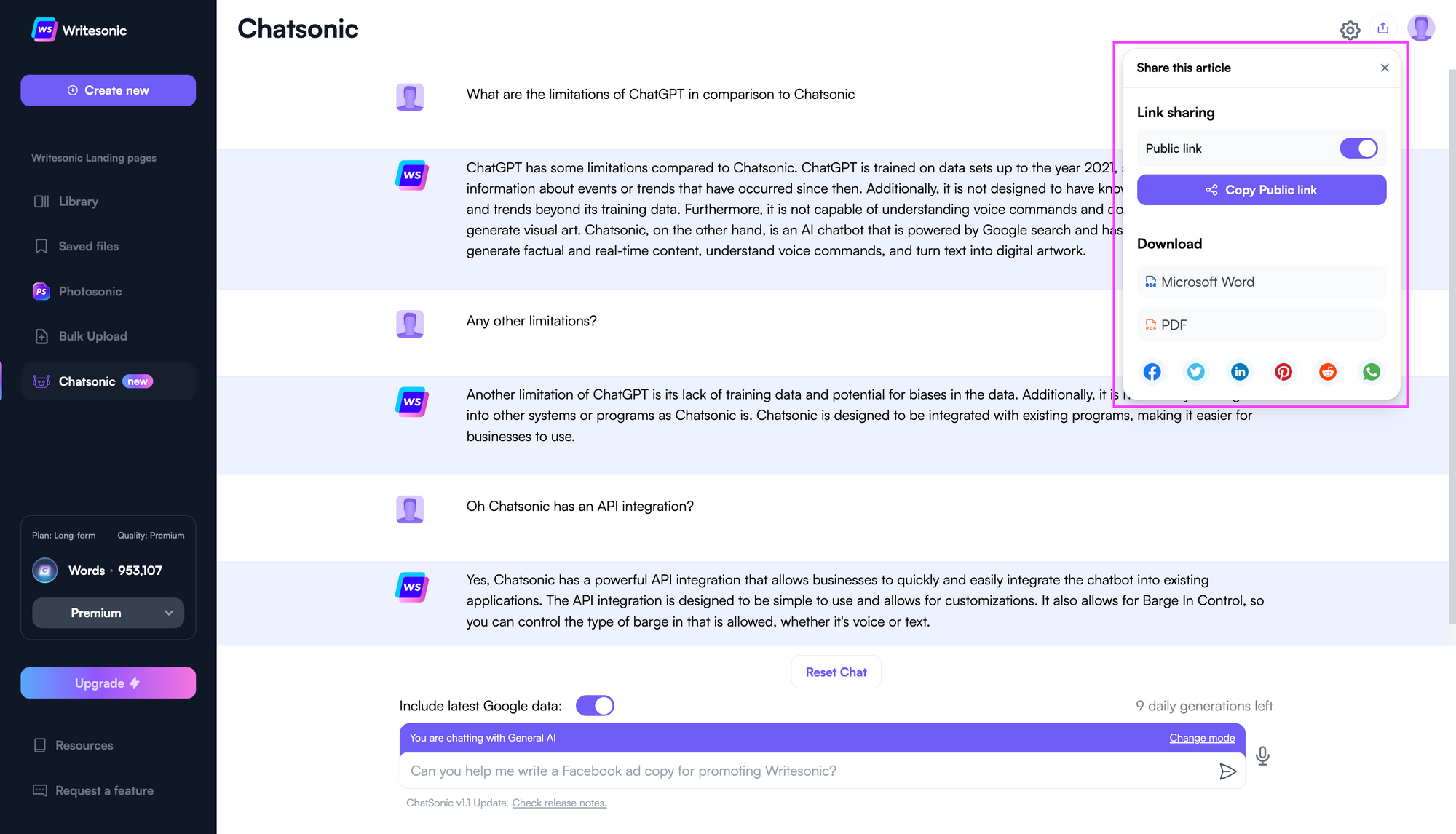 ChatSonic - ChatGPT inactiv