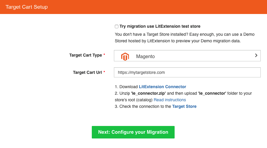 opencart veritabanını magento'ya taşıyın, Magento'yu Hedef Sepet olarak seçin, mağazanızın URL'sini verin, Connection Bridge'i indirin ve Magento mağazamızın kök klasörüne yükleyin.