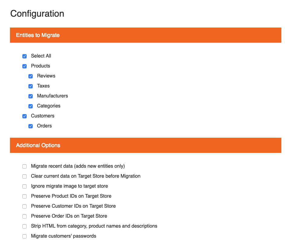 ถ่ายโอนสินค้าจาก opencart ไปยัง magento จากนั้นคุณต้องเลือกข้อมูลที่คุณต้องการย้ายจาก OpenCart ไปยัง Magento เช่น รายละเอียดสินค้า ข้อมูลลูกค้า และอื่นๆ