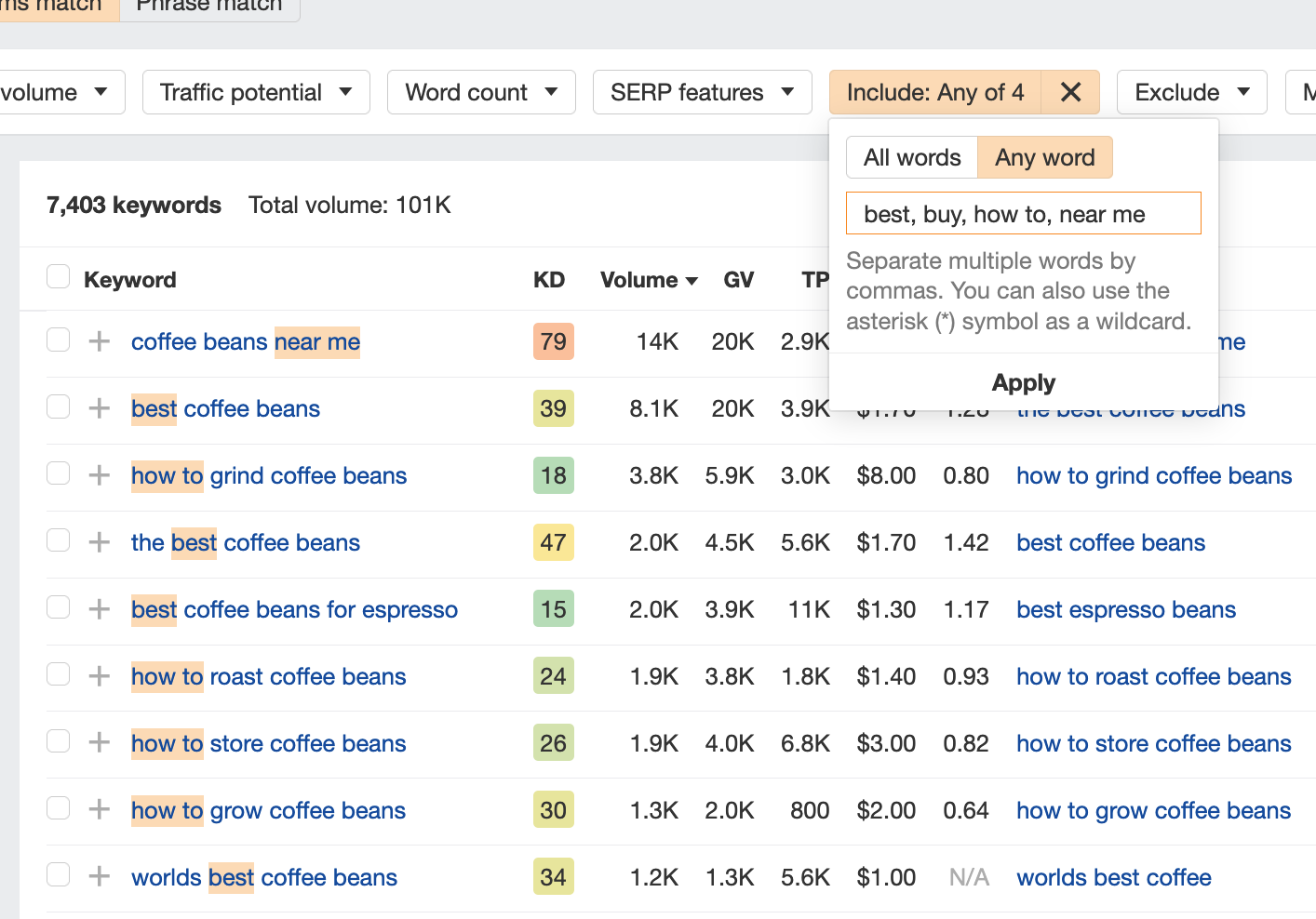 Screenshot des Filterprozesses des Ahrefs-Keyword-Recherche-Tools zum Filer für High-Intent-Keywords, indem nach Keywords wie „best“, „buy“, „how to“ oder „in meiner Nähe“ gesucht wird.