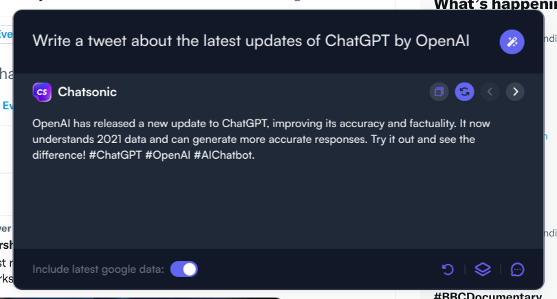 Tweet con gli ultimi dati di Chatsonic - Estensione Chrome ChatGPT