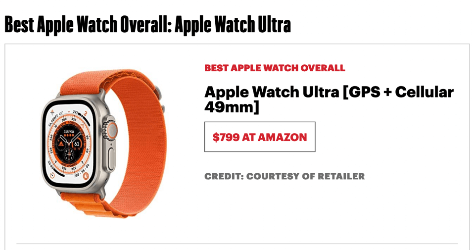 Screenshot der Apple Watch Ultra zum Preis von 799 US-Dollar bei Amazon