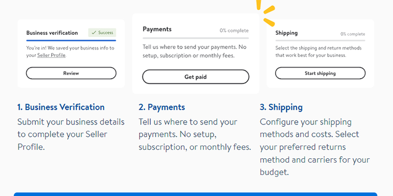 Capture d'écran des étapes d'enregistrement du compte vendeur Walmart