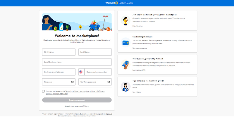 Page d'inscription au Walmart Seller Center
