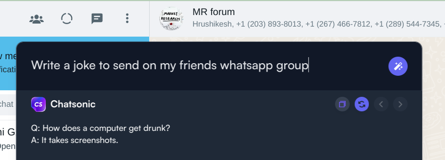 Шутка в группе WhatsApp - примеры использования расширения ChatSonic для Chrome
