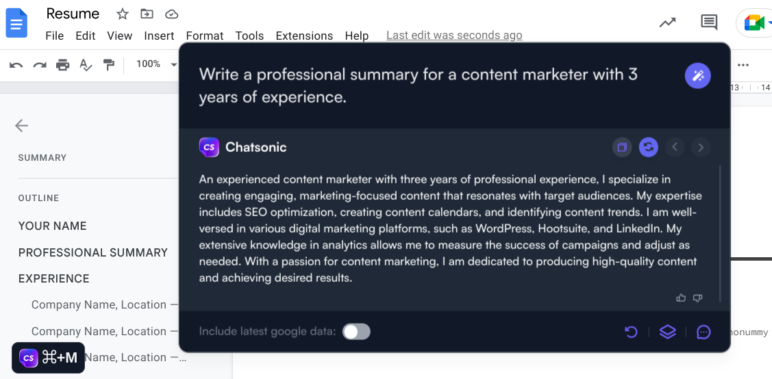 Профессиональное резюме — примеры использования расширения ChatSonic для Chrome
