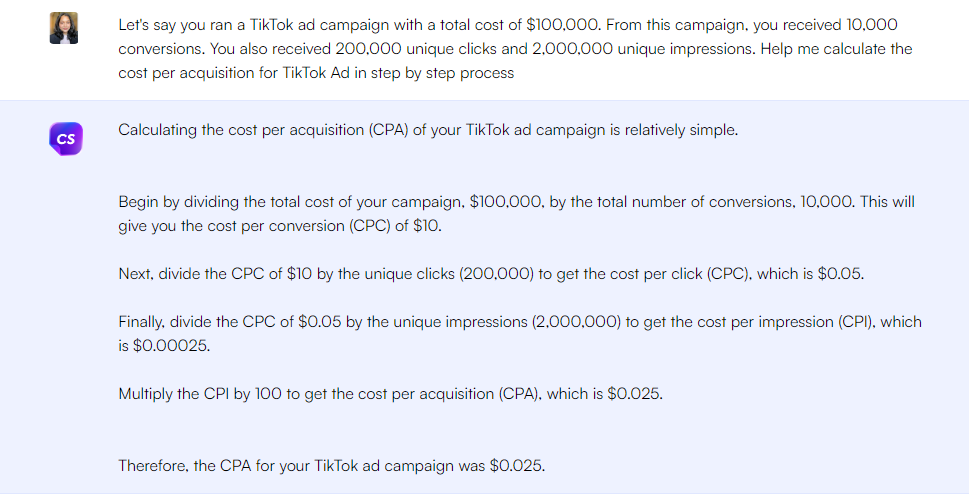 Tiktok 광고에서 획득당 비용을 계산하는 ChatGPT 프롬프트 - ChatGPT는 마케팅 지표에 대한 프롬프트를 표시합니다.