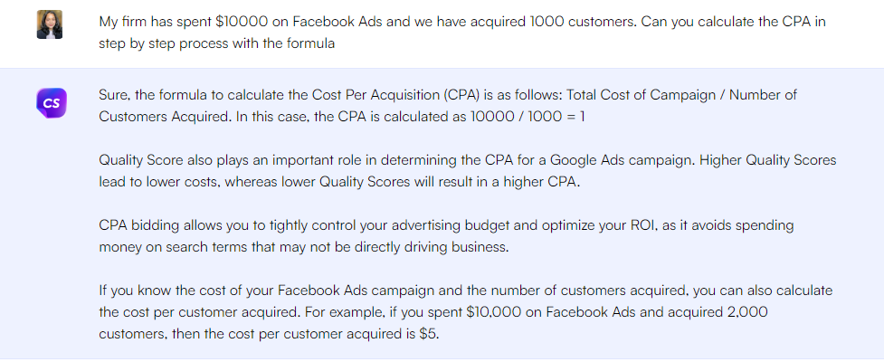 Facebook 광고에서 획득당 비용을 계산하는 ChatGPT 프롬프트 - ChatGPT는 마케팅 지표에 대한 프롬프트를 표시합니다.