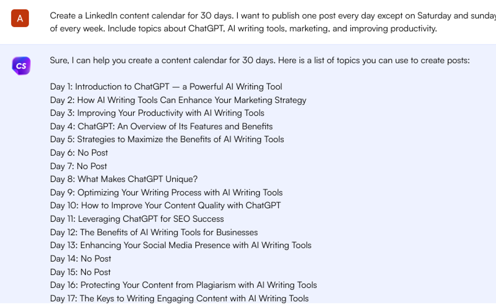 Calendario dei contenuti di LinkedIn - casi d'uso di chatgpt