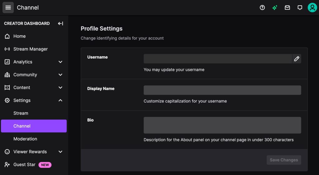 Twitch pengaturan profil akun