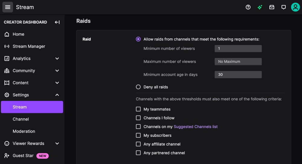 Twitch kanal baskınları ayarları