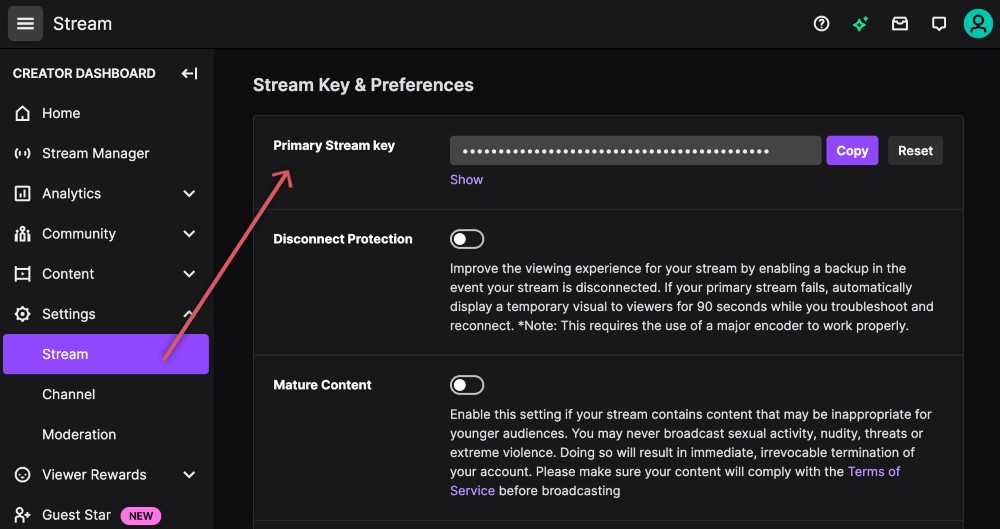 การตั้งค่าสตรีมคีย์ของ Twitch