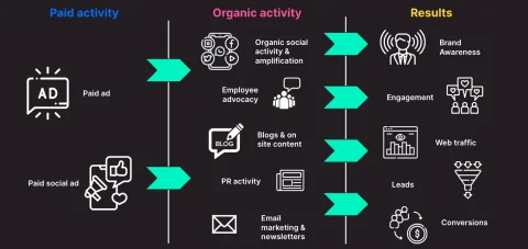 diagrama de flujo que muestra la actividad pagada en la actividad orgánica y luego en la visualización de resultados