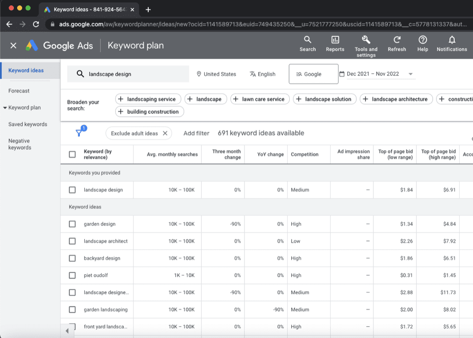 Captură de ecran a rezultatelor noilor idei de cuvinte cheie în Planificatorul de cuvinte cheie Google folosind termenul de căutare „design peisagistic”