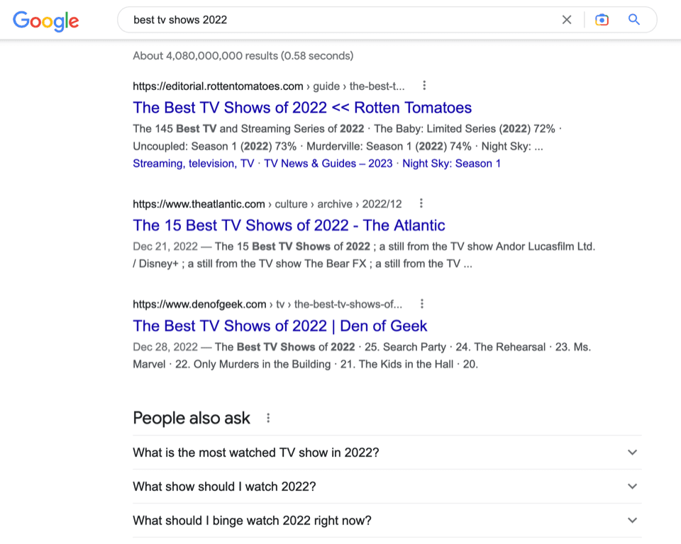 Captură de ecran a paginii cu rezultatele motorului de căutare pentru interogarea „cele mai bune emisiuni TV 2022”