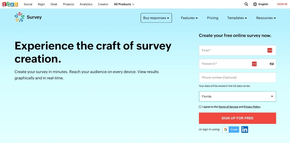 Situs web ZohoSurvey