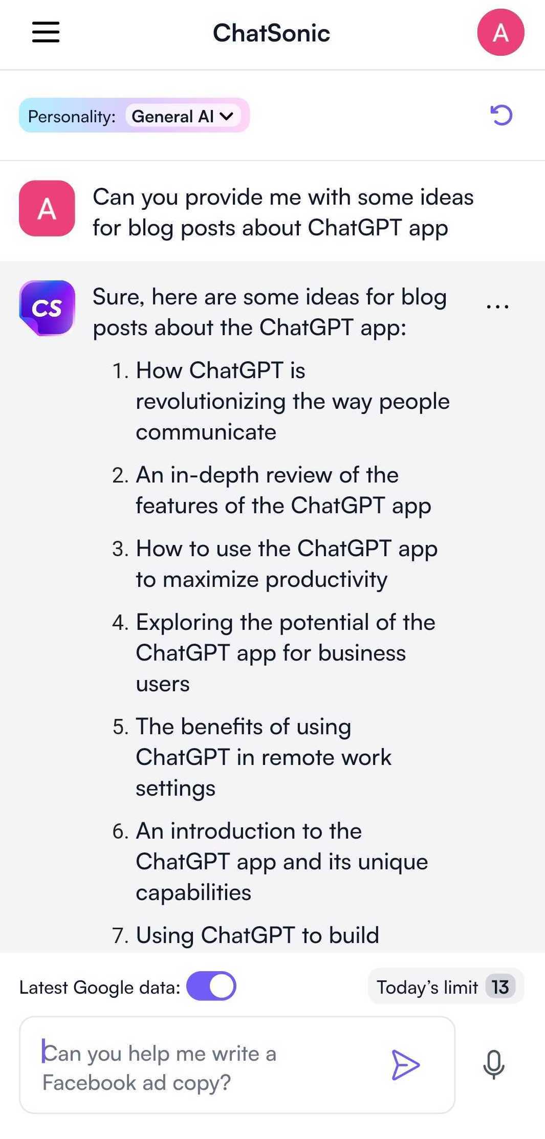 Solicitare ChatGPT pentru blogging - aplicația ChatGPT