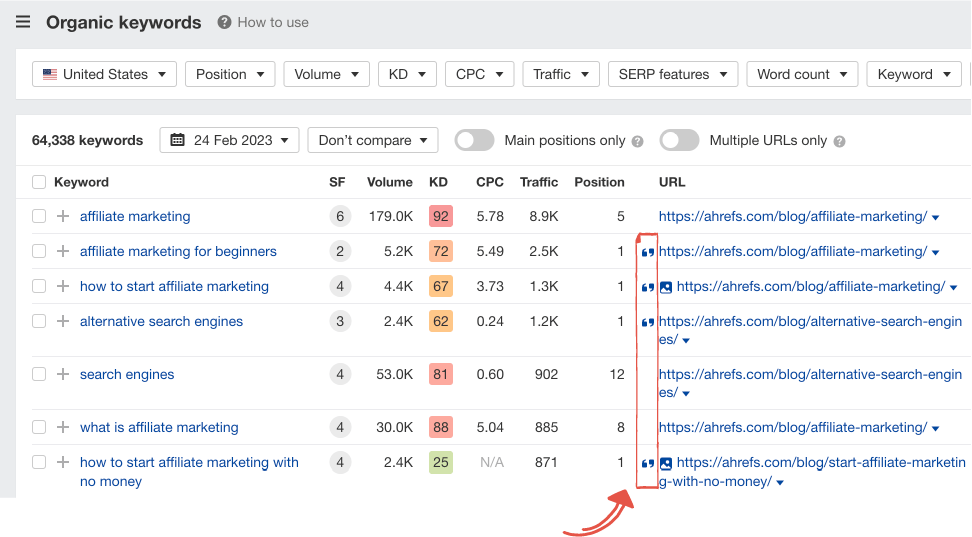 Ahrefs'te öne çıkan snippet'i ve sıfır konumunu belirten tırnak işaretlerini gösteren ekran görüntüsü