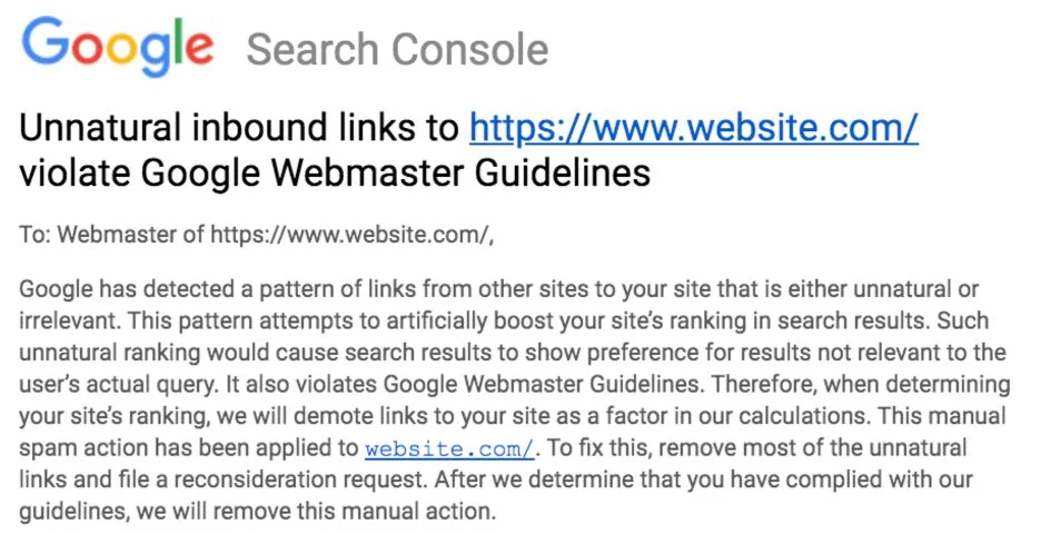 Google Search Console 手動操作報告的屏幕截圖 - 不自然的入站鏈接