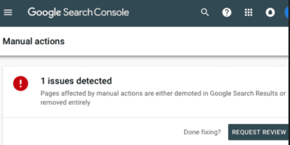 Google Search Console 手動操作報告的屏幕截圖