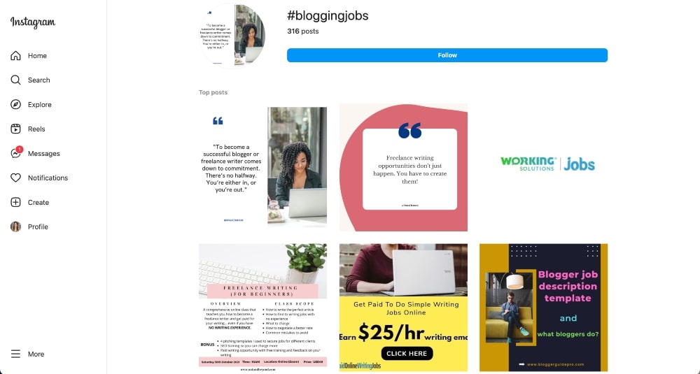 hashtag dei lavori di blogging su Instagram