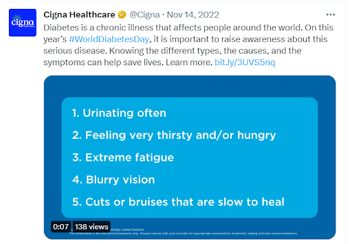 Cigna Healthcare 世界糖尿病デーのソーシャル メディアの例