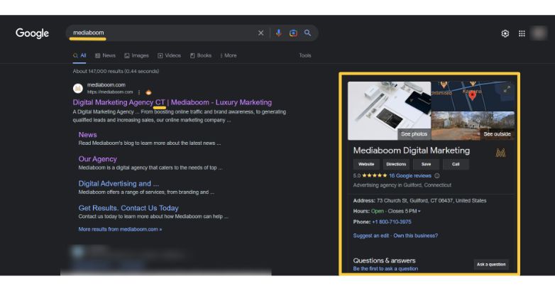 Mediaboom ha creato completamente il suo profilo Google Business per raggiungere i suoi obiettivi SEO.