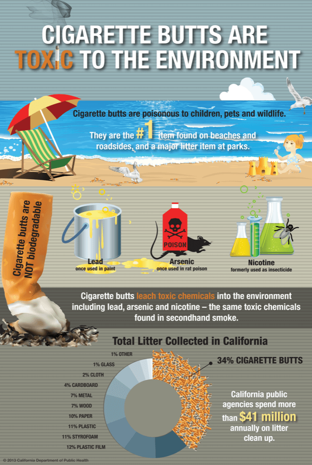 Infografía sobre los efectos ambientales tóxicos de las colillas de cigarrillos