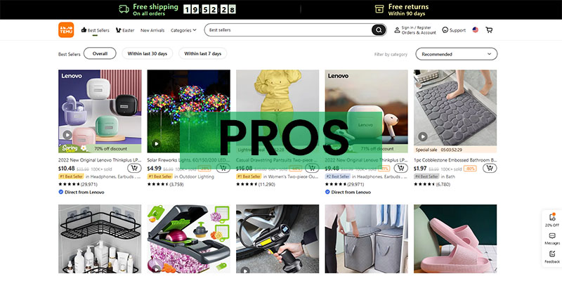 Screenshot der Bestseller-Seite von Temu.com