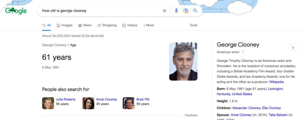 Tangkapan layar jawaban Google untuk pertanyaan, "Berapa umur George Clooney?".