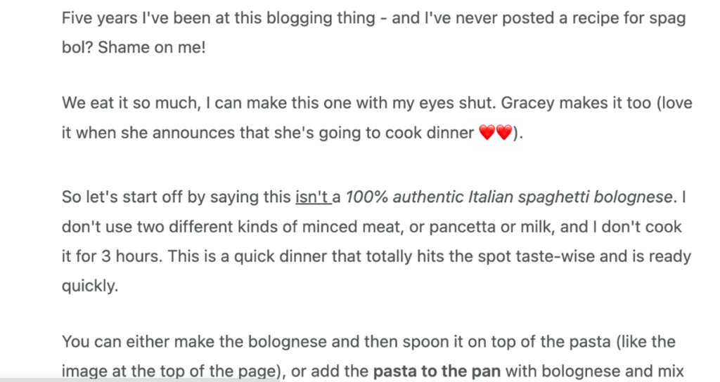 Tangkapan layar backstory food blogger tentang spaghetti bolognese.