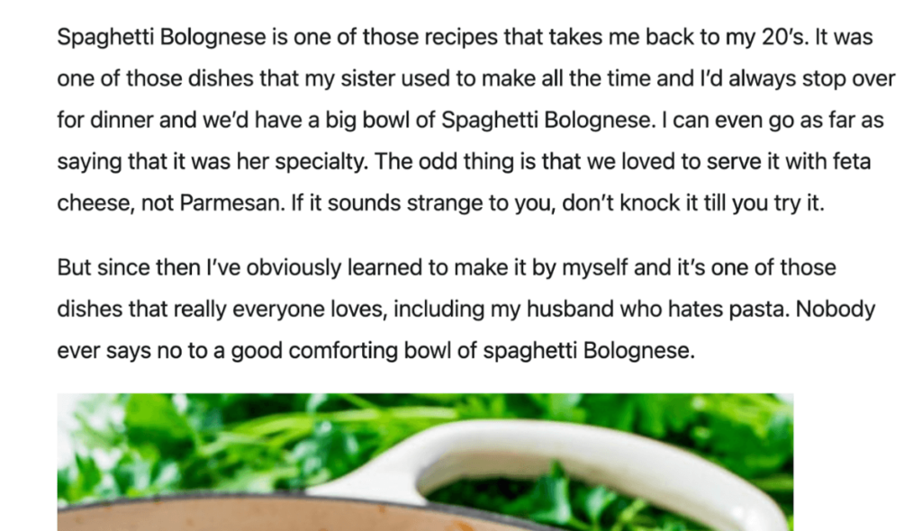 Tangkapan layar postingan food blogger tentang spaghetti bolognese.