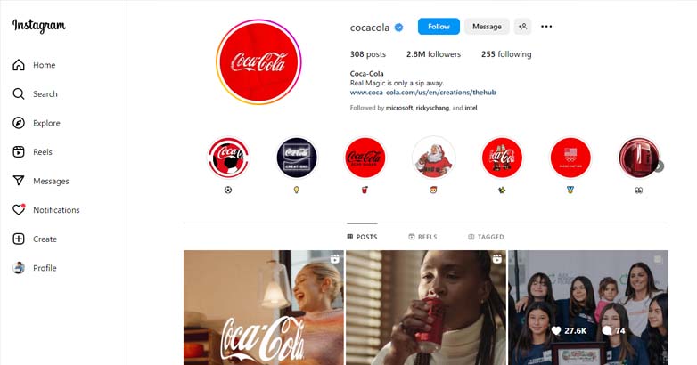 Profil resmi Coca Cola di Instagram