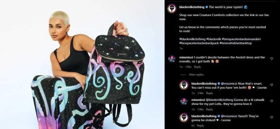 Представитель Blackmilk отвечает на комментарии к своему посту в Instagram