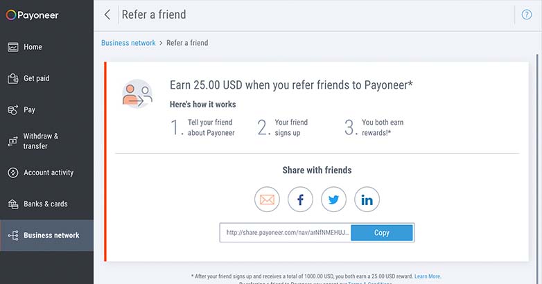 Tautan referral Payoneer sebagai contoh Program Referensi.