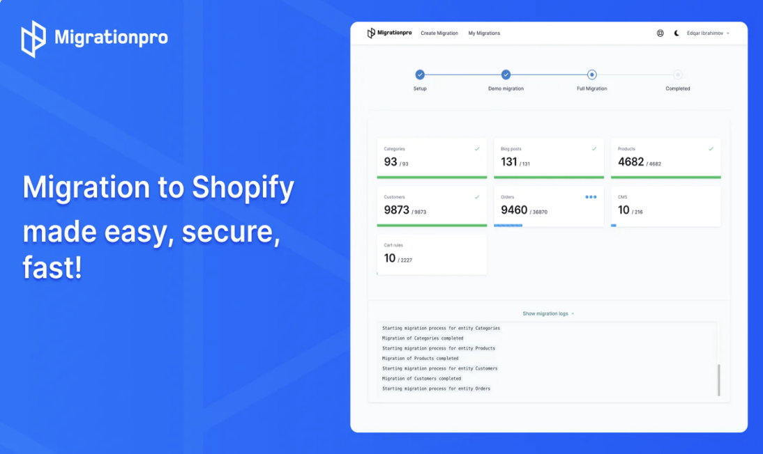 aplicación de migración de shopify