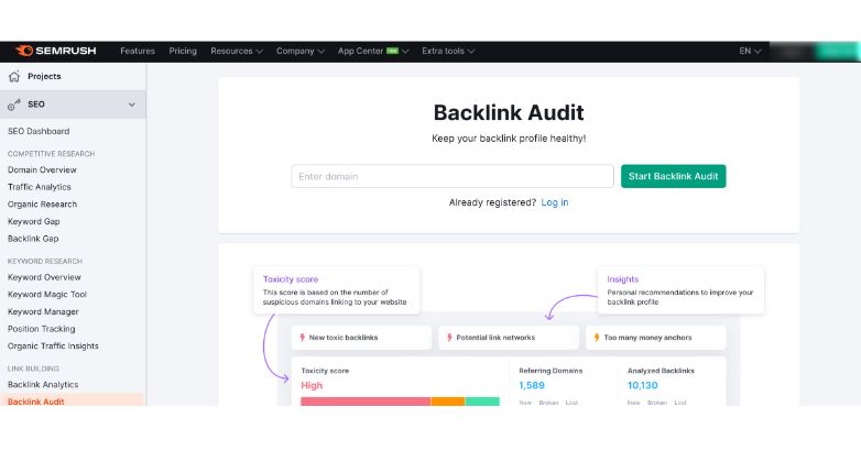 Semrush permet aux spécialistes du marketing d'effectuer des audits de backlinks pour découvrir les liens toxiques.