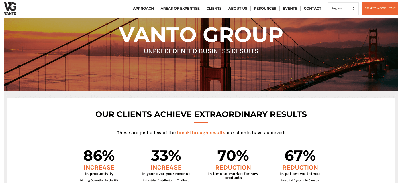 Bordas sutis para destacar os elementos do seu site com mais destaque, como nesta captura de tela da página inicial do Vanto Group, são uma ótima maneira de combinar com o minimalismo para oferecer uma forte experiência de design de site.