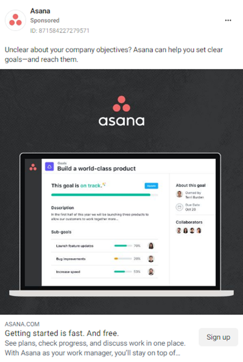 Exemplos de anúncios de reconhecimento da marca - Asana