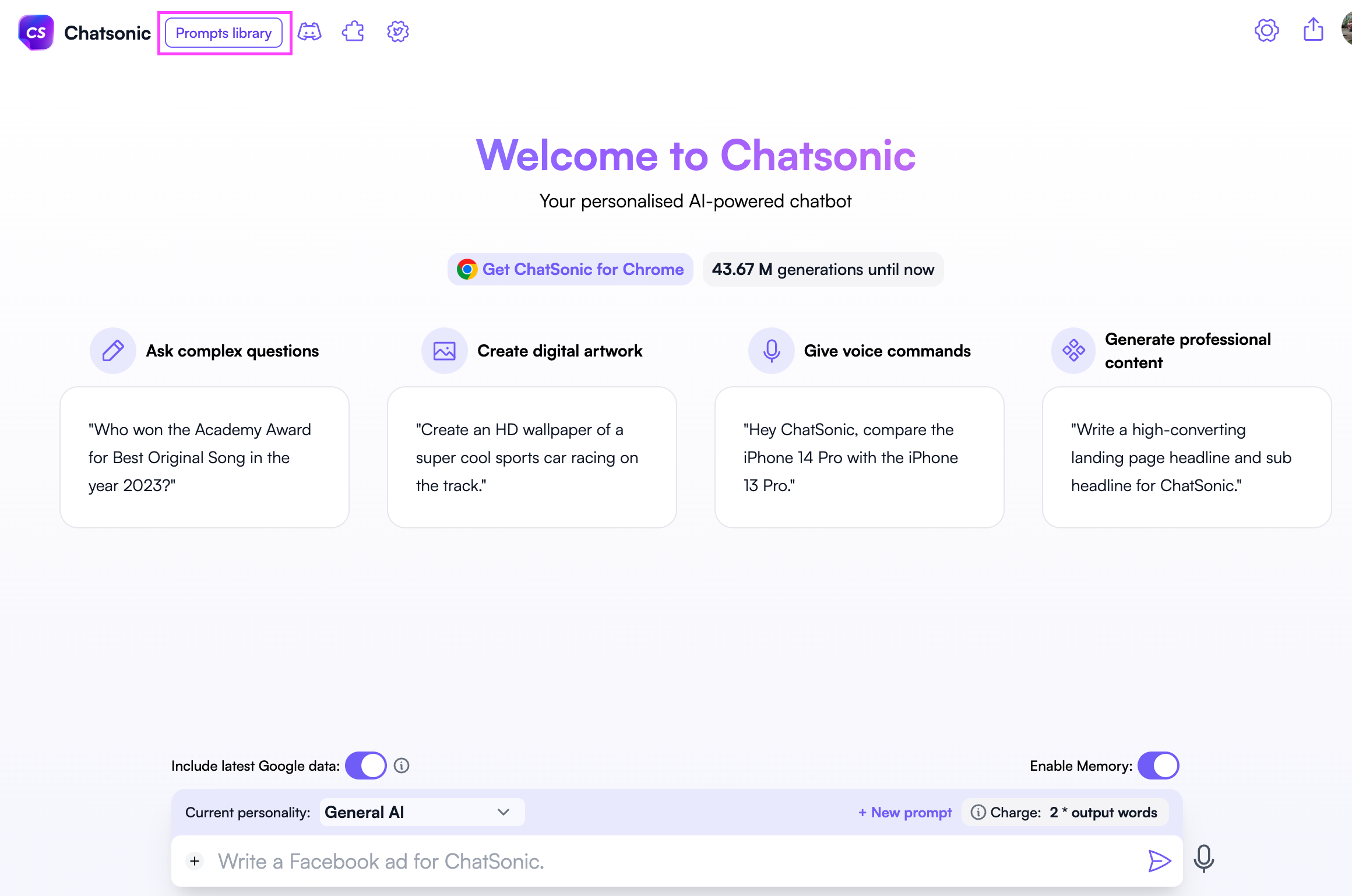 Bibliothèque d'invites Chatsonic -