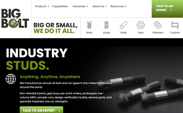 Screenshot der Homepage von Big Bolt, ein starkes Beispiel für digitale Marken- und B2B-Webdesign-Prinzipien