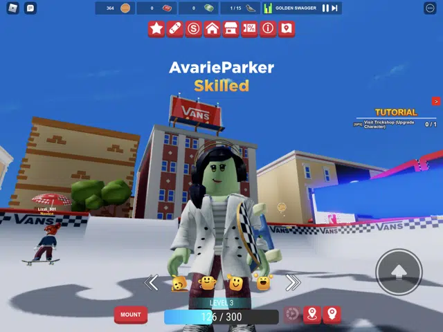 Meu avatar Roblox na experiência Vans World, skate na mão.