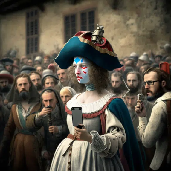 A imagem em destaque para este artigo foi criada em segundos usando o canal Discord da Midjourney usando o prompt: 'Vive la Revolution marketing de conteúdo AI Revolution French 17th Century. No entanto, não tente replicar isso em casa, pois não há dois resultados iguais.